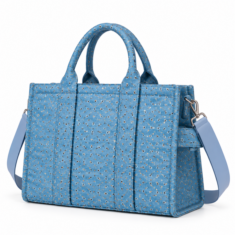 Sky Blue Floral Quilted Carryall Tote-3