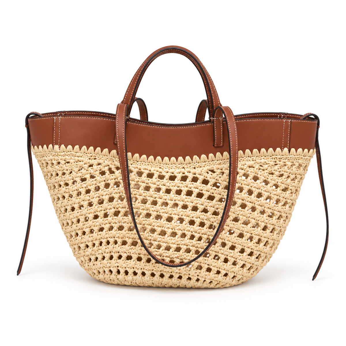 Beige Woven Crochet Tote With Brown Straps-2