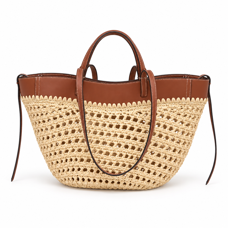 Beige Woven Crochet Tote With Brown Straps-2