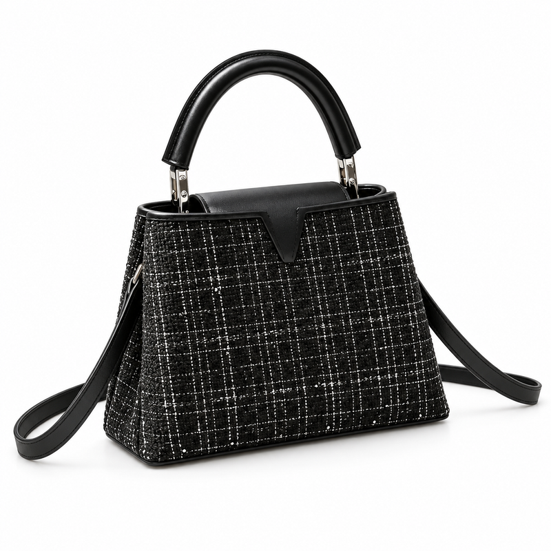 Black Checkered Vegan Leather Top handle Bag-1