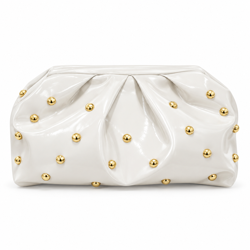 White Leather Clutch With Golden Studs-4