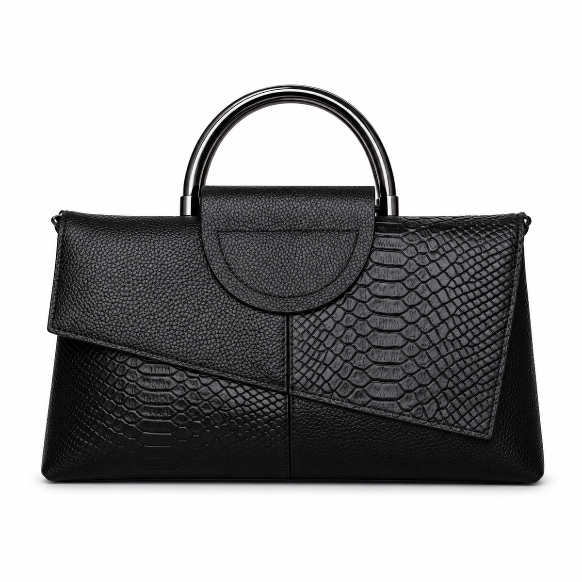 Black Leather Evening Clutch Metal Handles-4