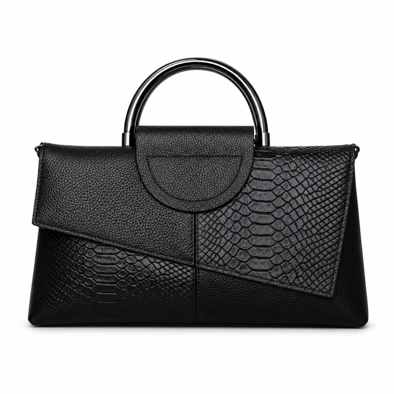 Black Leather Evening Clutch Metal Handles-4