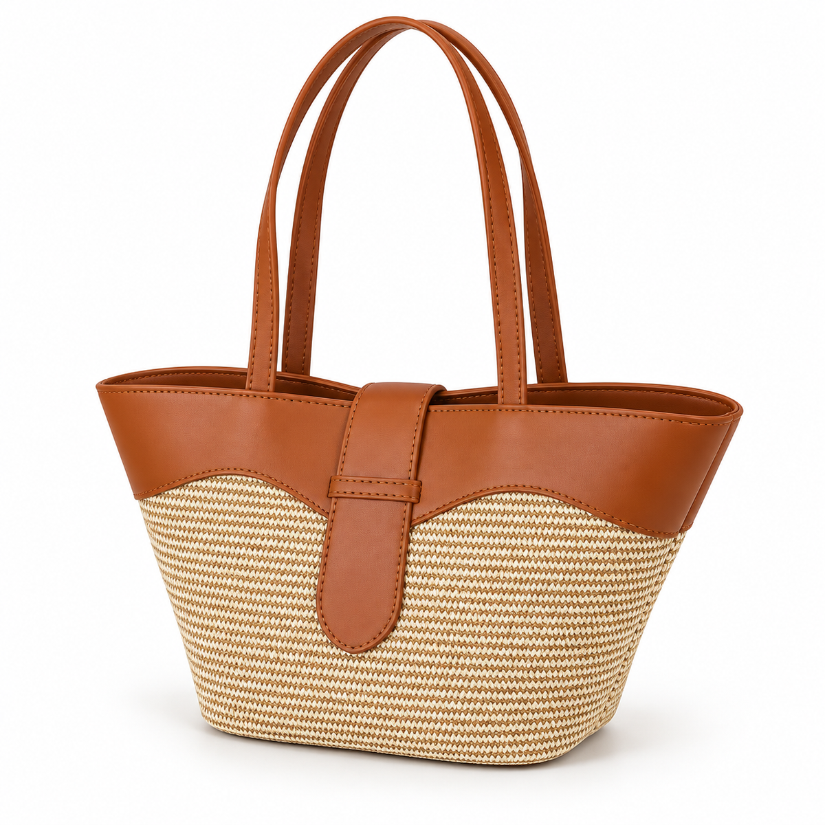 Elegant Beige Woven Brown Trim Tote-3