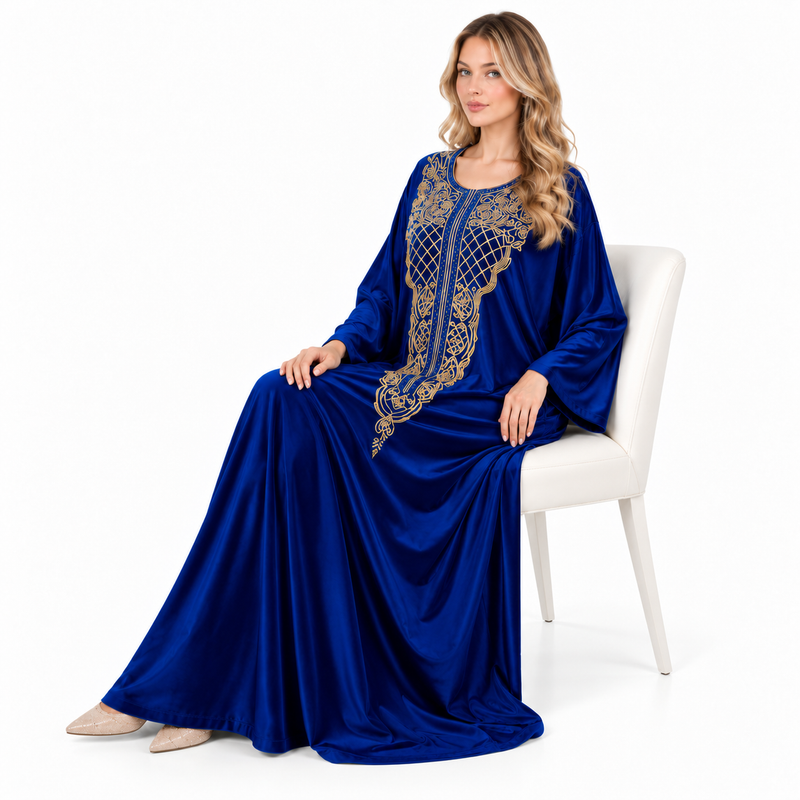 Royal Blue Velvet Kaftan Gold Embroidery-2