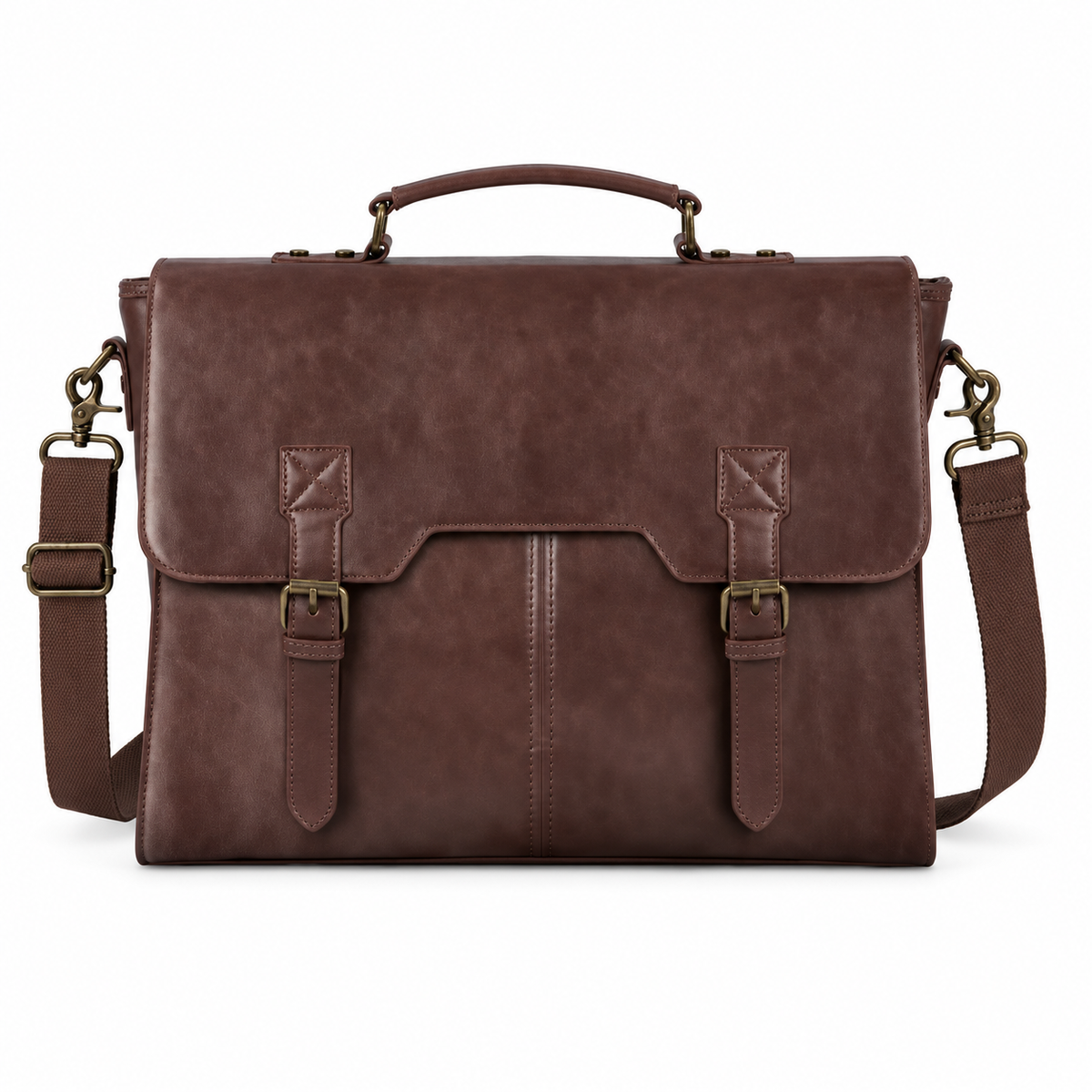 Vintage Brown Leather Double Buckle Briefcase-4