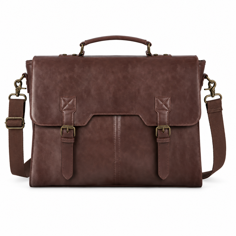 Vintage Brown Leather Double Buckle Briefcase-4