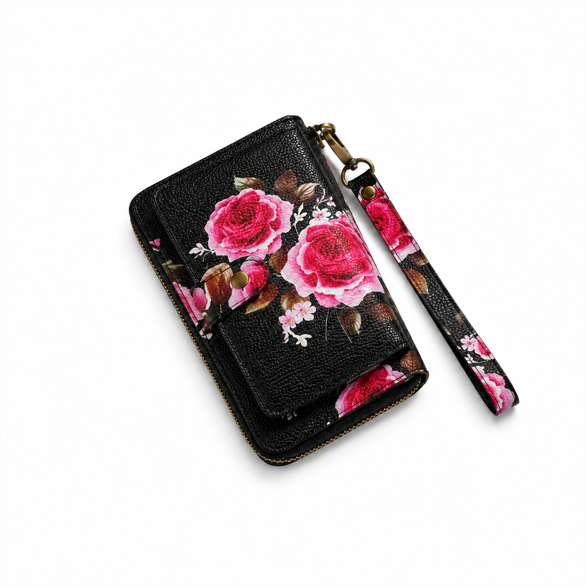 Black Floral Print Zip-Around Wristlet Wallet-4