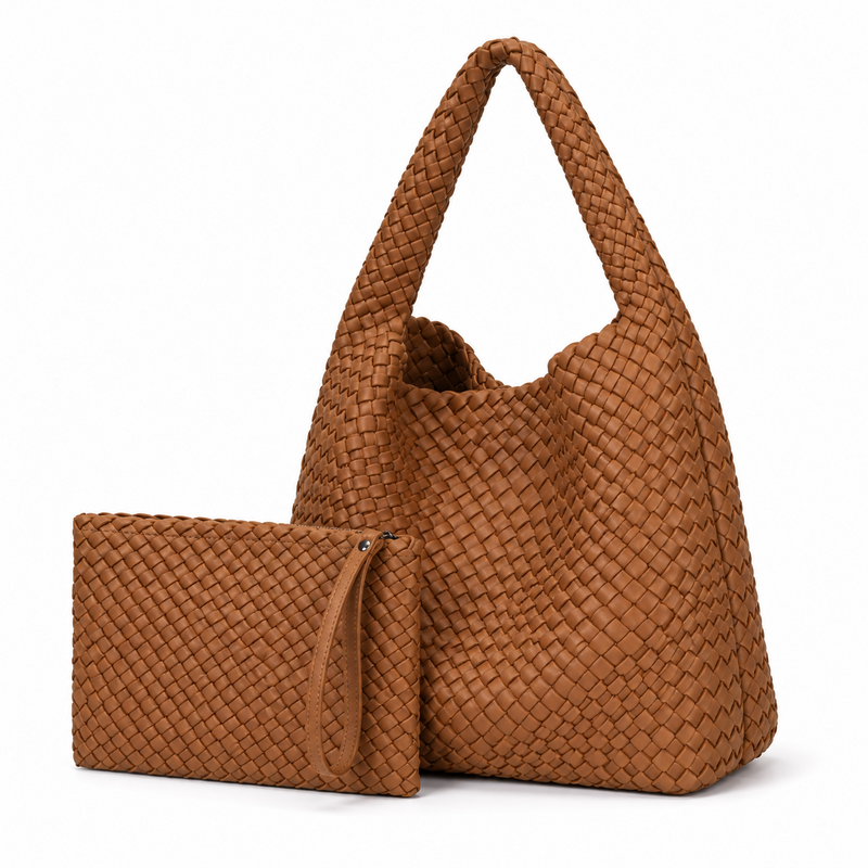 Caramel Woven Shoulder Bag With Pouch-3