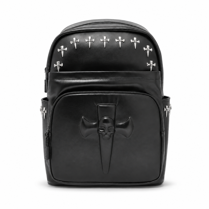 Gothic Skull Cross Studded Leather Backpack-4