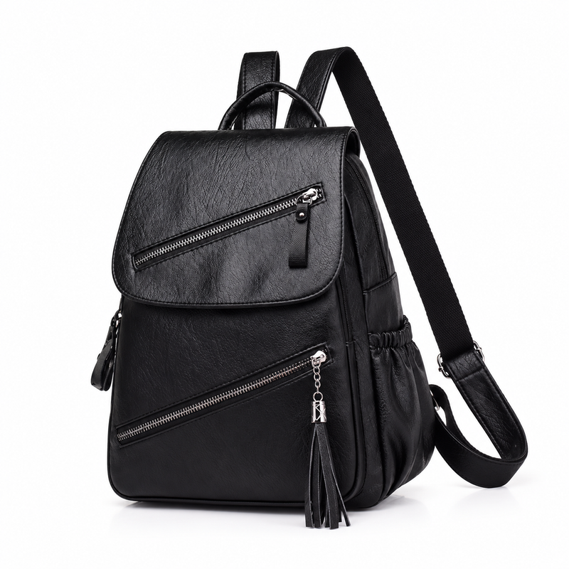 Black Textured Backpack With Tassel Detail-4