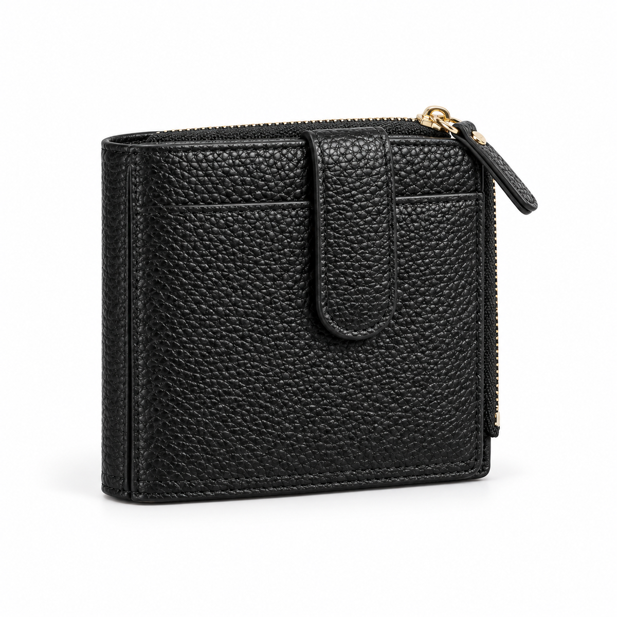 Black Pebbled Compact Wallet With Zipper-1