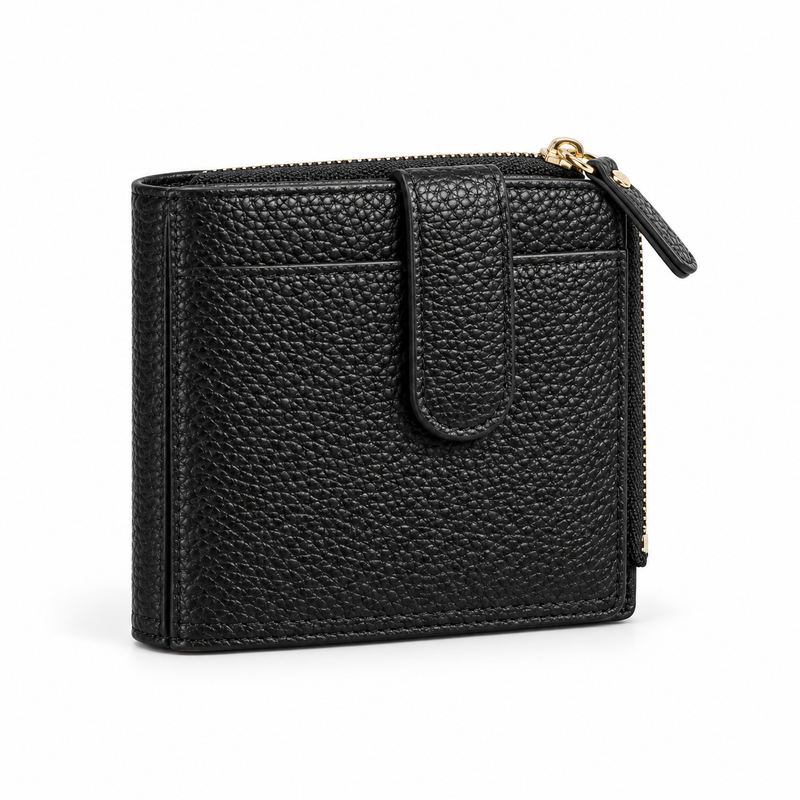 Black Pebbled Compact Wallet With Zipper-1