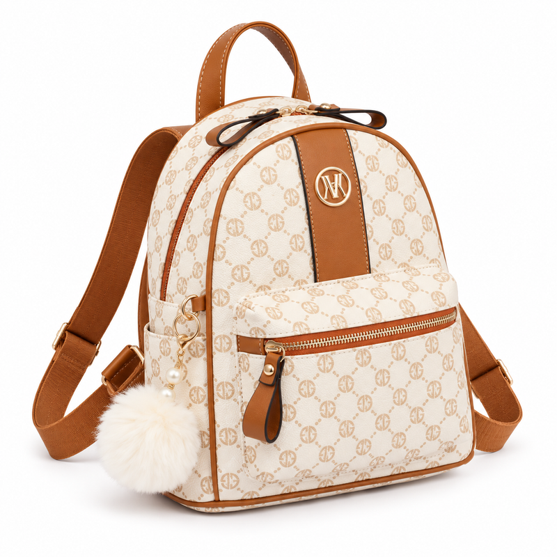 Cream Monogram Backpack With Tan Trim-3