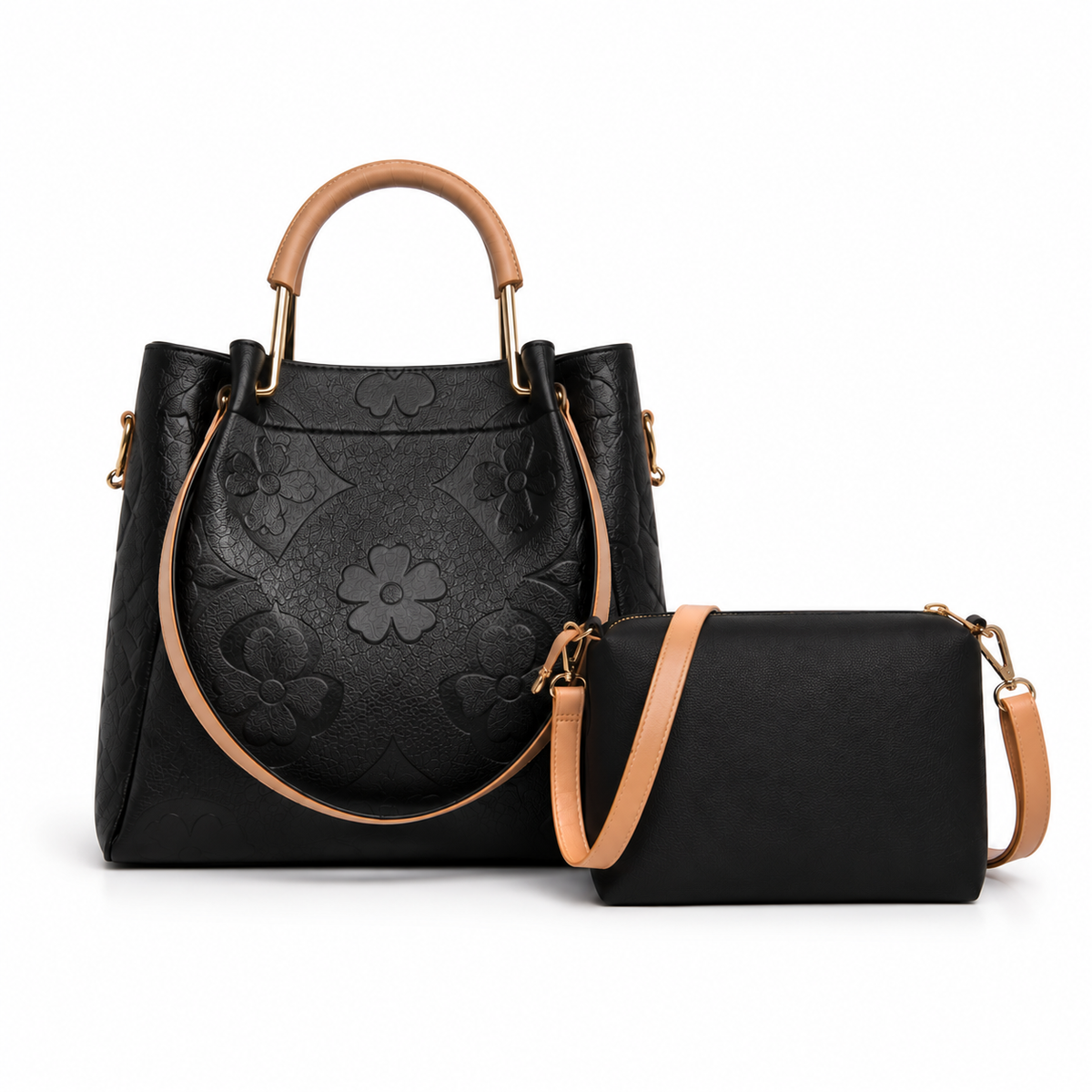 Black Embossed Tote Crossbody Handbag Set-7
