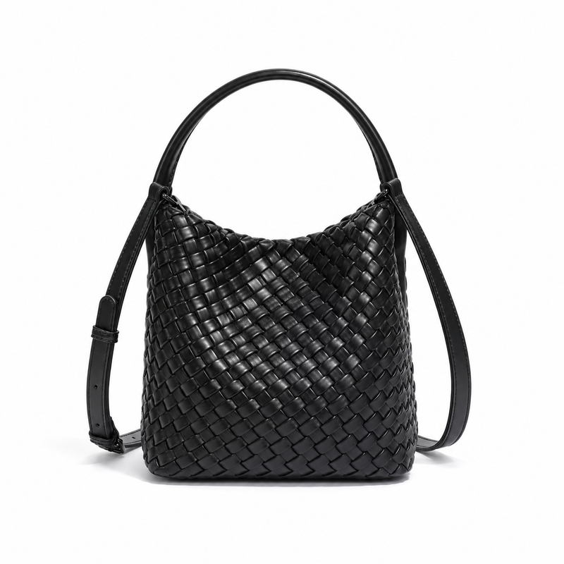 Elegant Black Woven Bucket Shoulder Bag-2