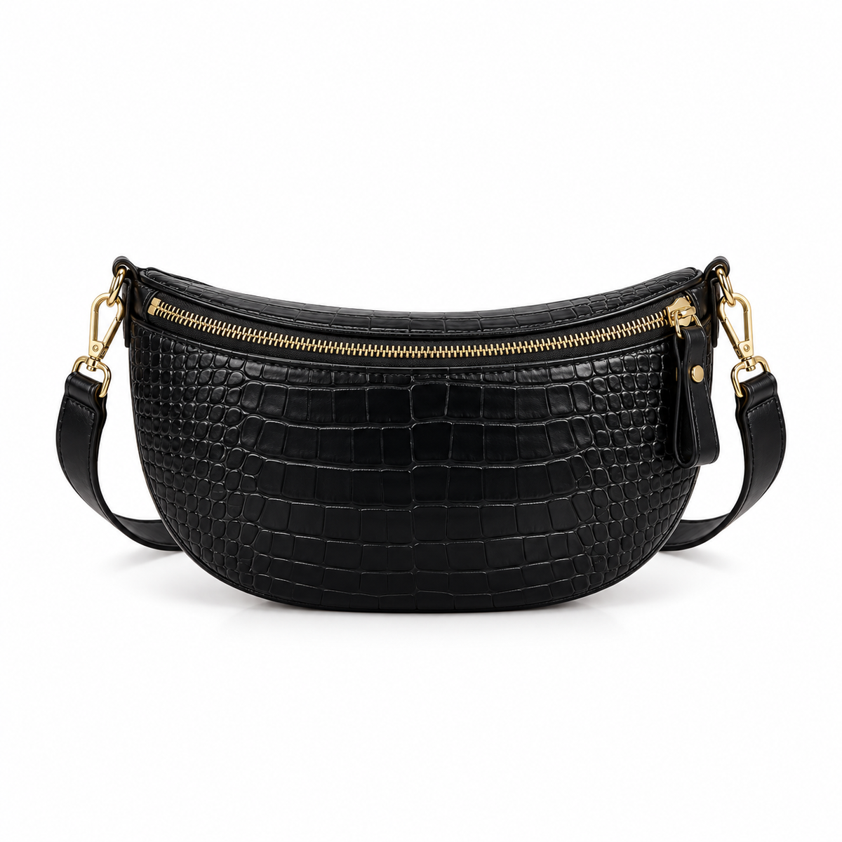 Black Crocodile Embossed Gold Chain Waistbag-3