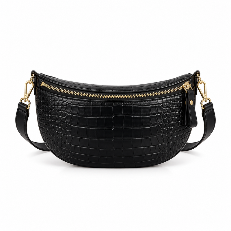 Black Crocodile Embossed Gold Chain Waistbag-3