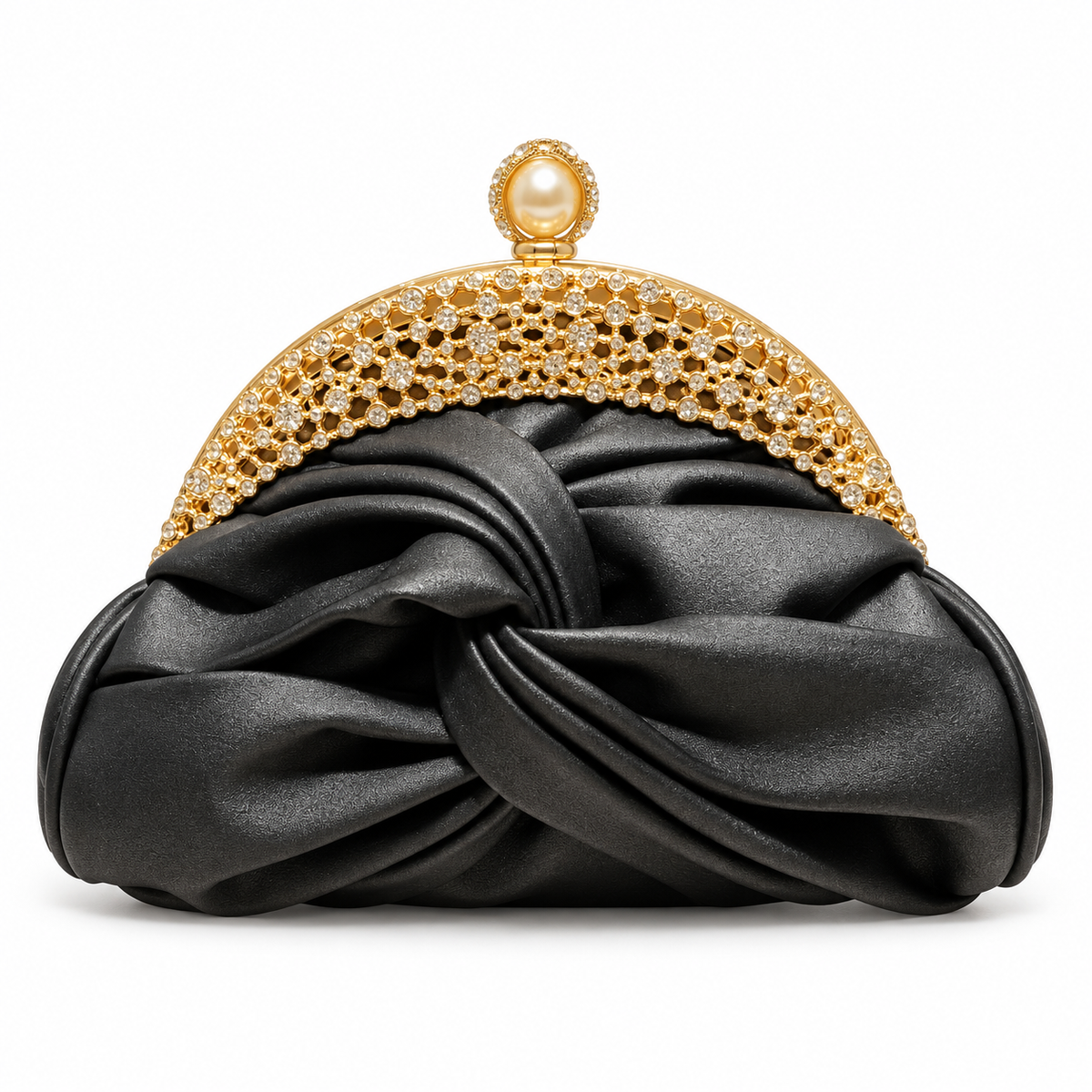 Black Ruched Crystal Frame Evening Clutch-2