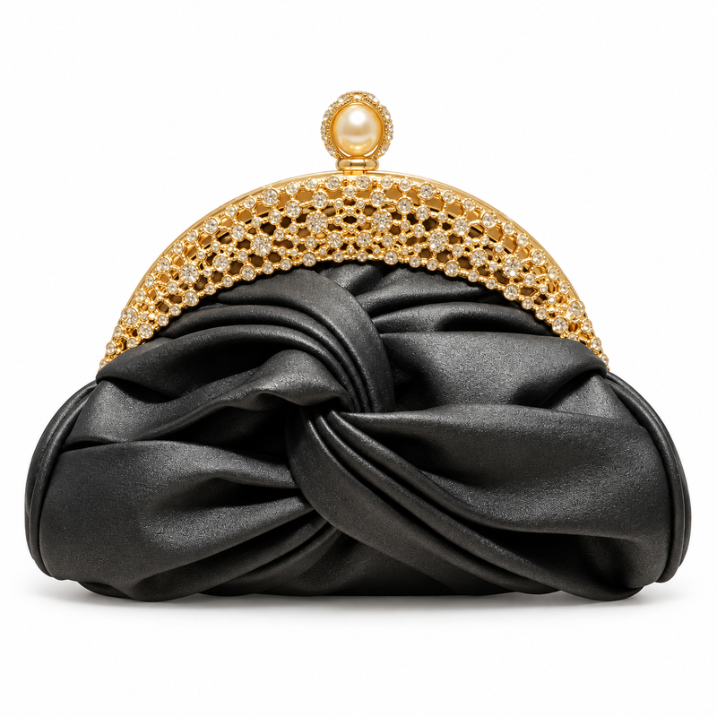 Black Ruched Crystal Frame Evening Clutch-2