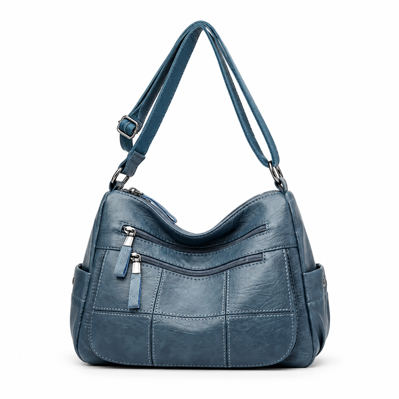 Blue Textured Multi Pocket Crossbody Bag-4