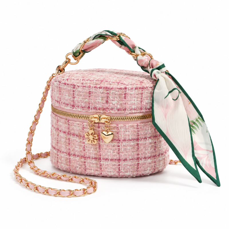 Pink Tweed Crossbody Bag With Scarf-3
