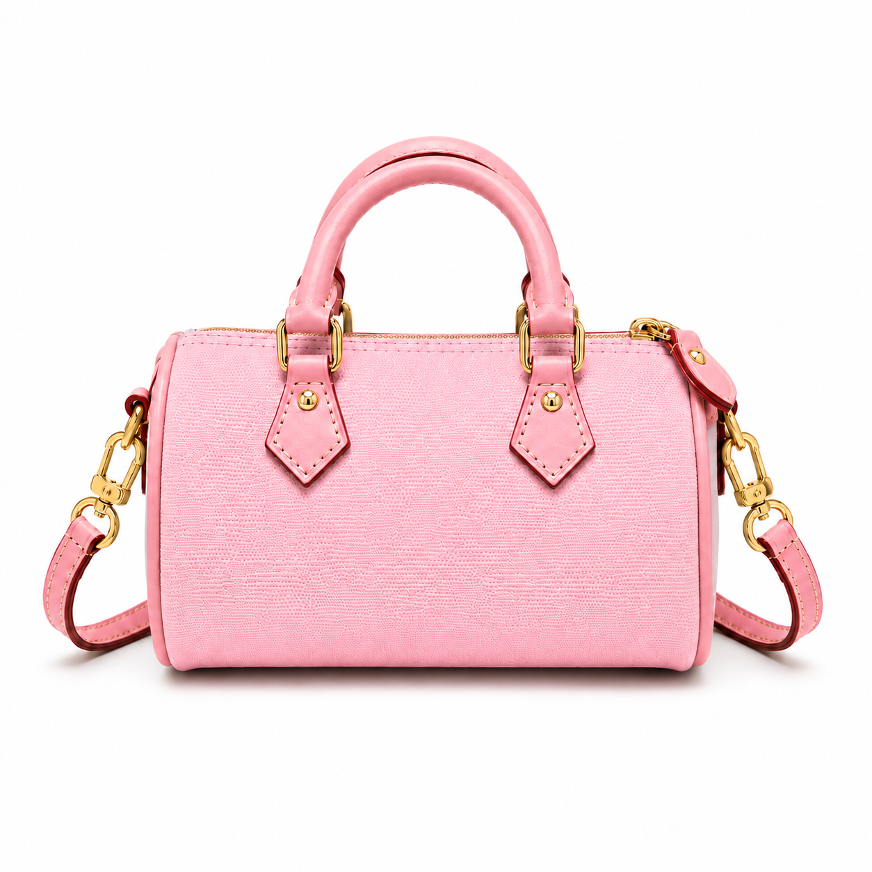 Pastel Pink Textured Mini Boston Handbag with Detachable Shoulder Strap-3
