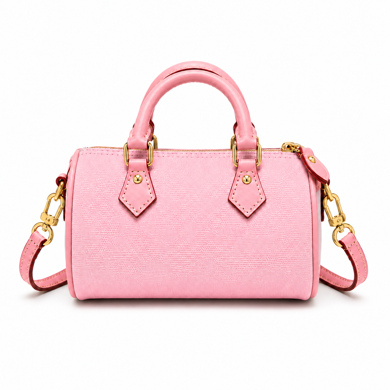 Pastel Pink Textured Mini Boston Handbag with Detachable Shoulder Strap-3
