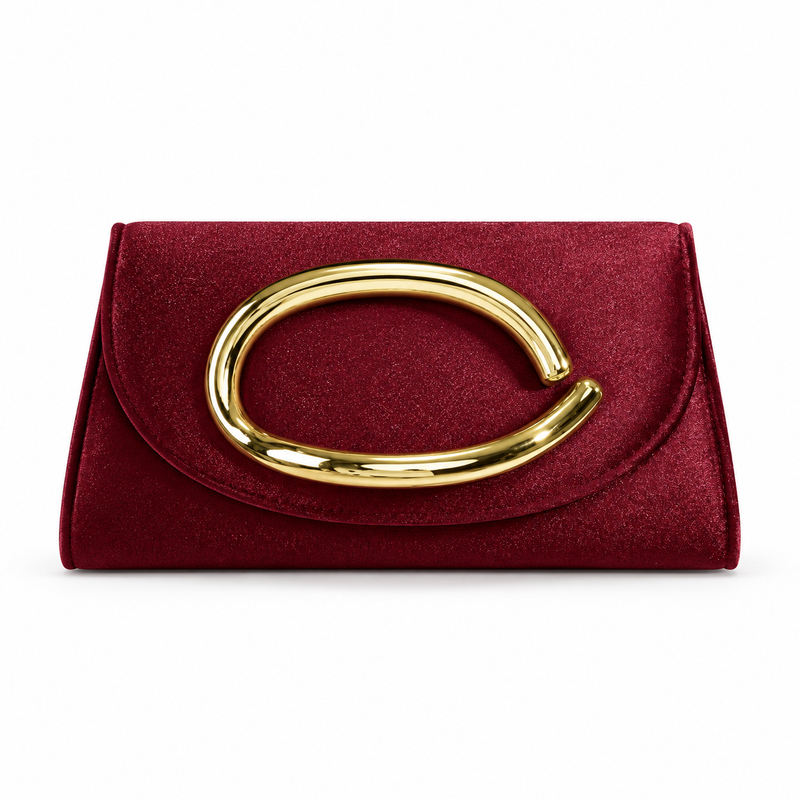 Burgundy Shimmer Clutch With Gold Handle-4