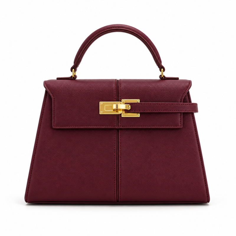Burgundy Structured Leather Top Handle Satchel-4