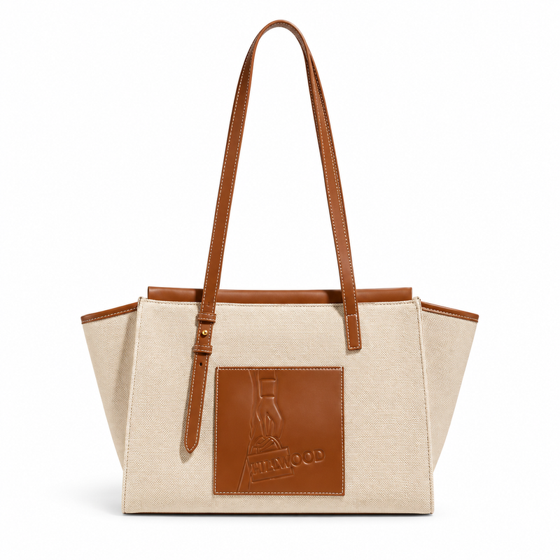 Cream Canvas Tote With Cognac Leather-4