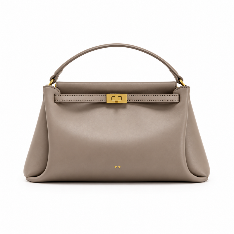 Elegant Taupe Satchel With Gold Clasp-3