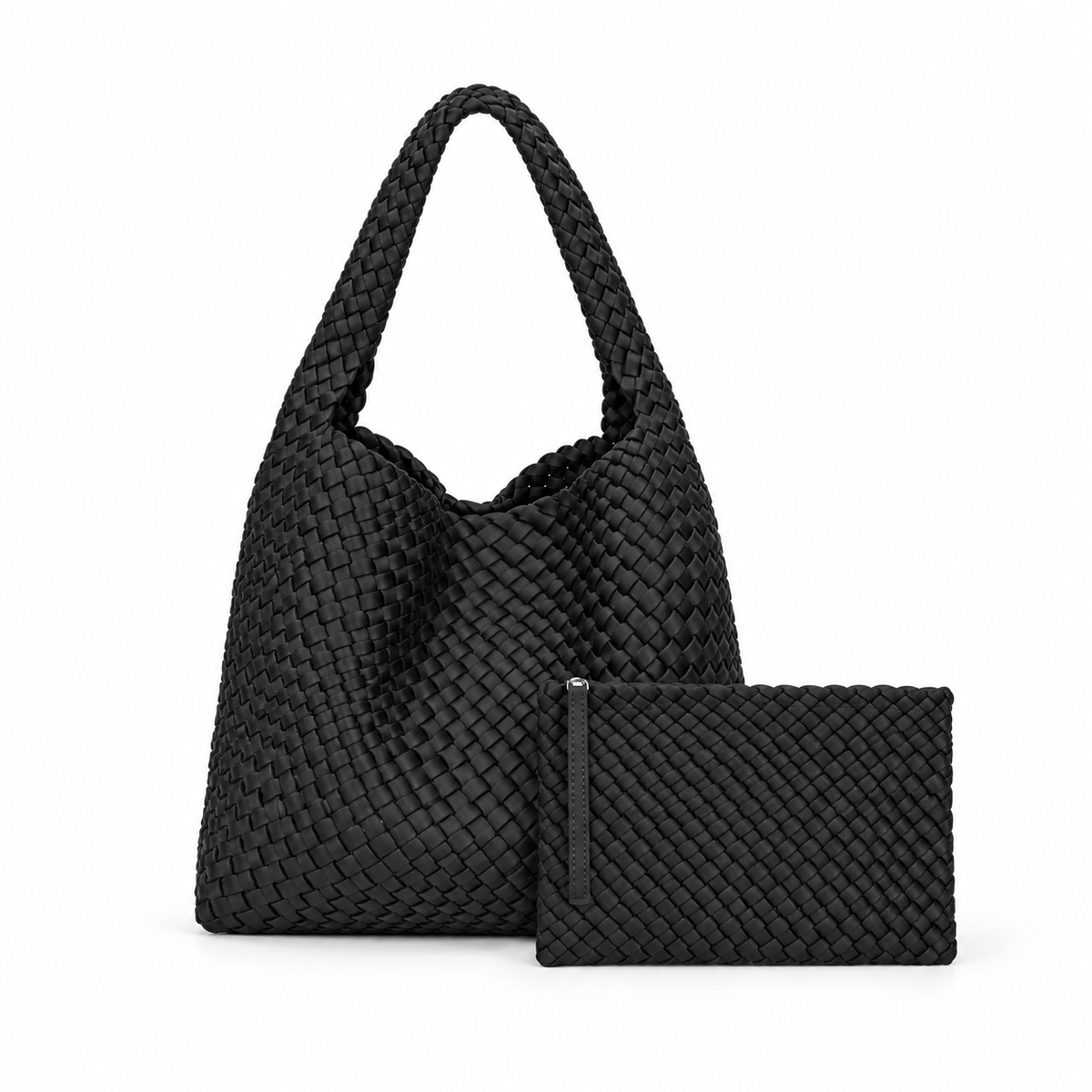 Black Woven Hobo Bag With Pouch