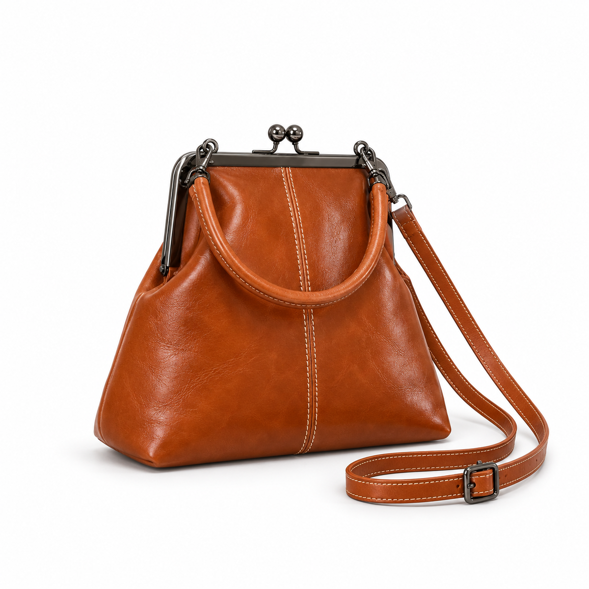 Vintage Brown Kiss Lock Shoulder Handbag-1