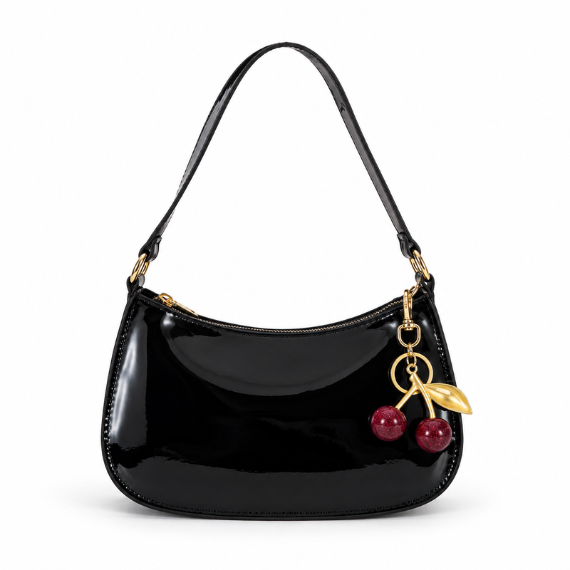 Glossy Black Cherry Charm Shoulder Bag-4