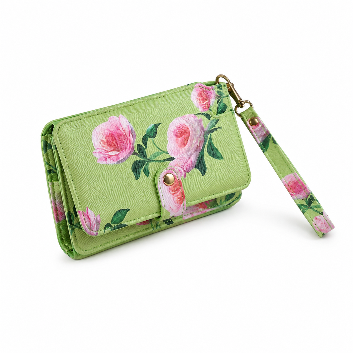 Green Floral Rose Print Wristlet Wallet Clutch-4