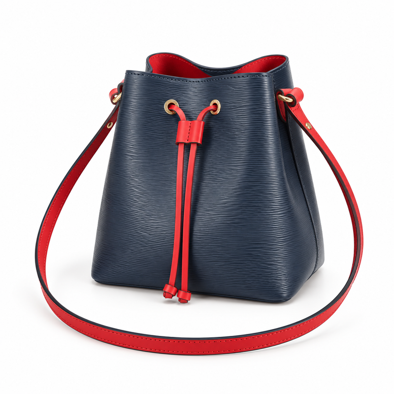 Navy Textured Bucket Bag With Drawstring-3