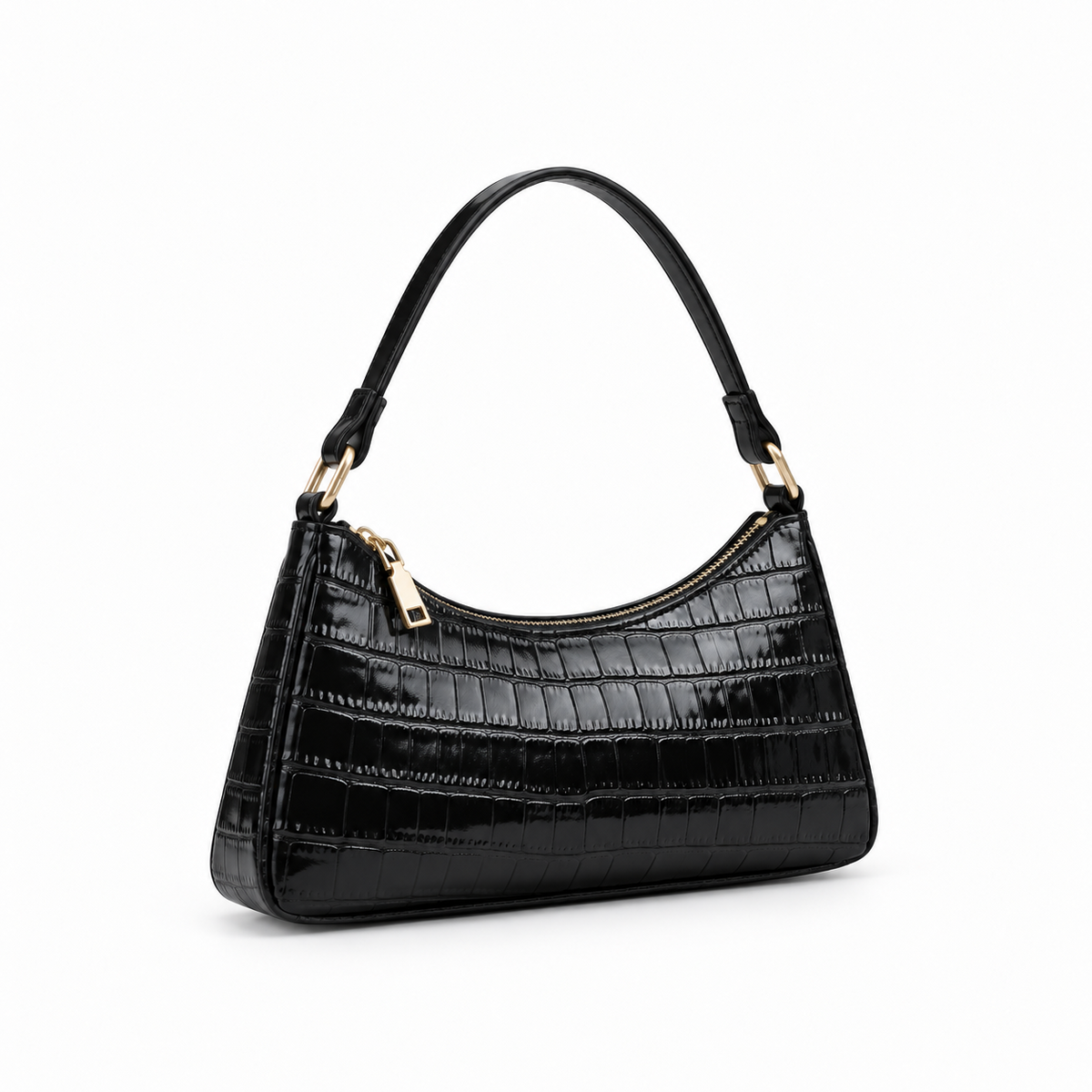 Glossy Croc Embossed Black Shoulder Bag-1