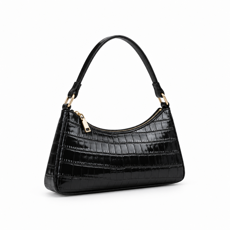 Glossy Croc Embossed Black Shoulder Bag-1