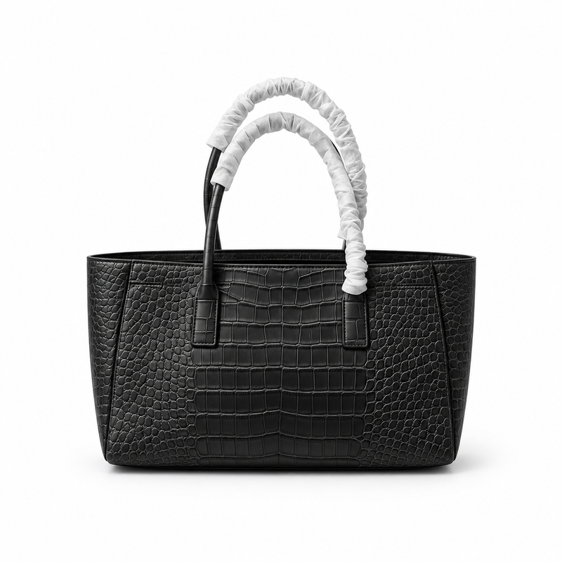 Elegant Black Crocodile Embossed Structured Tote-4