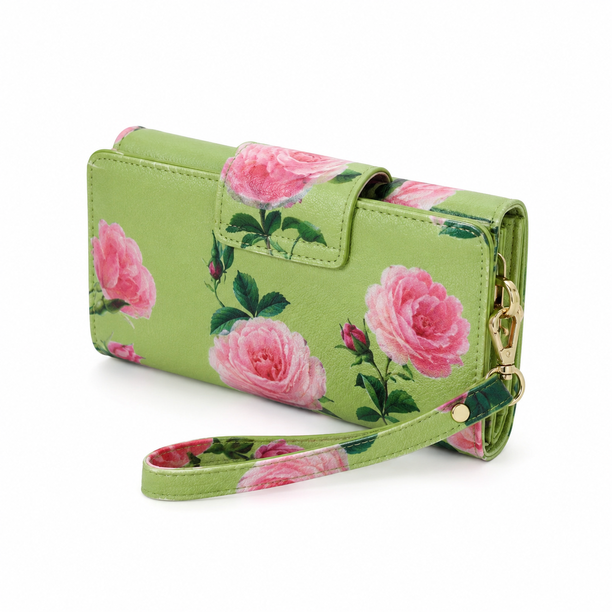 Green Floral Rose Print Women’s Wristlet Wallet & Phone Clutch-4