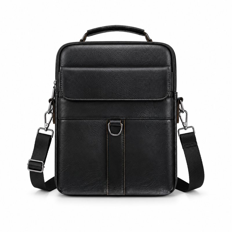 Black Leather Laptop Bag With Strap-4