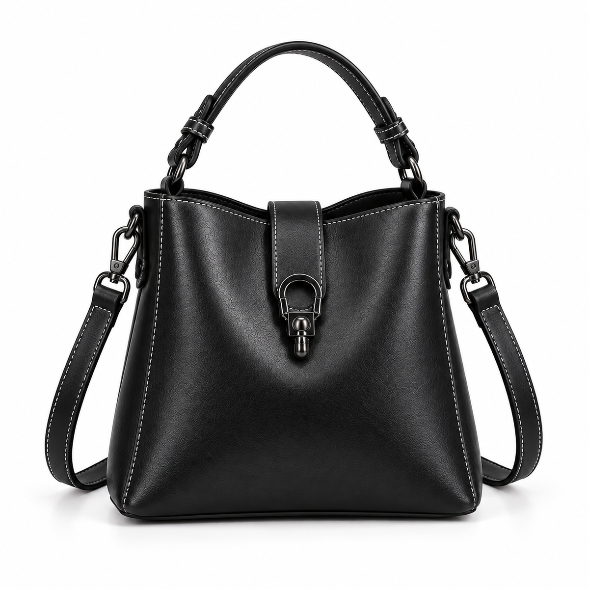 Black Structured Leather Crossbody Handbag Purse-2