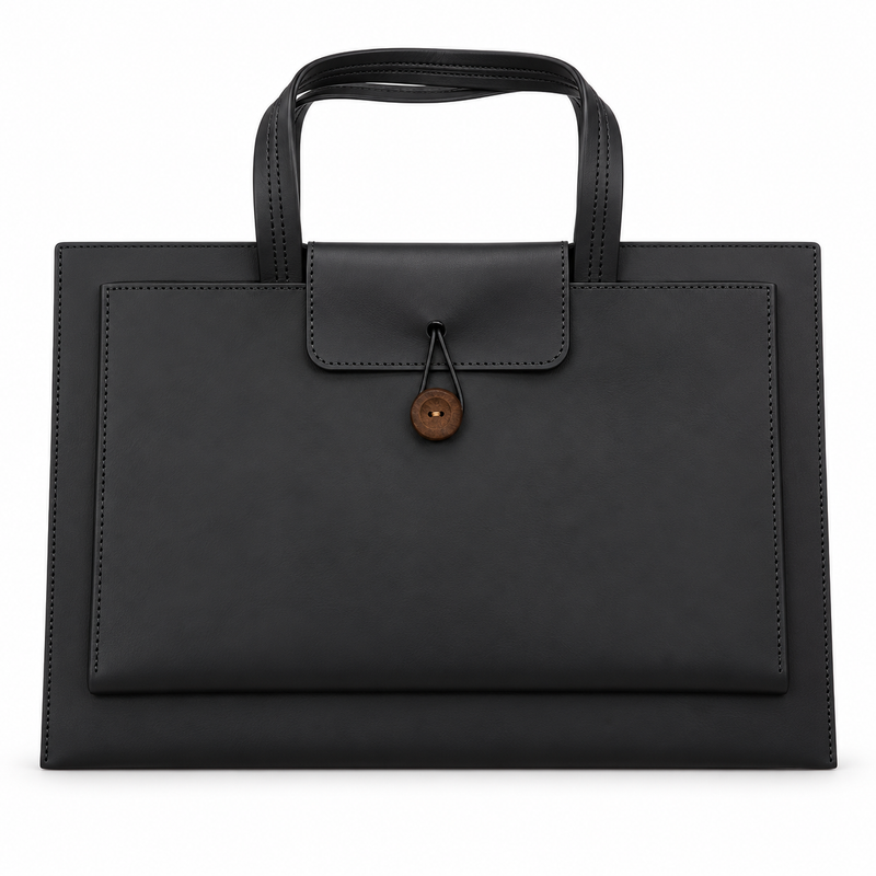 Classic Black Leather Laptop Tote Bag-4