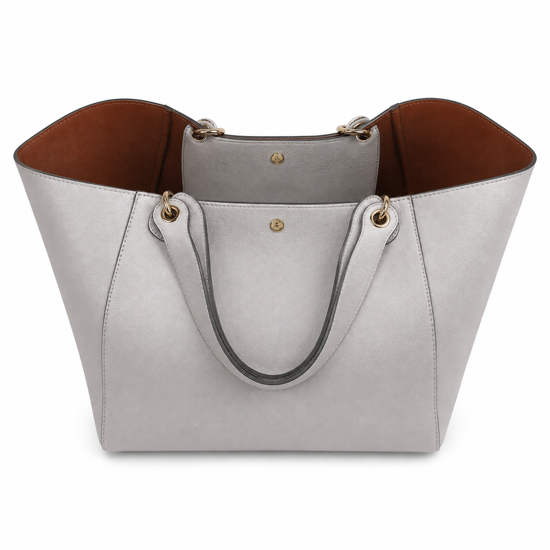 Elegant Light Grey Structured Tote Handbag with Double Handles-2