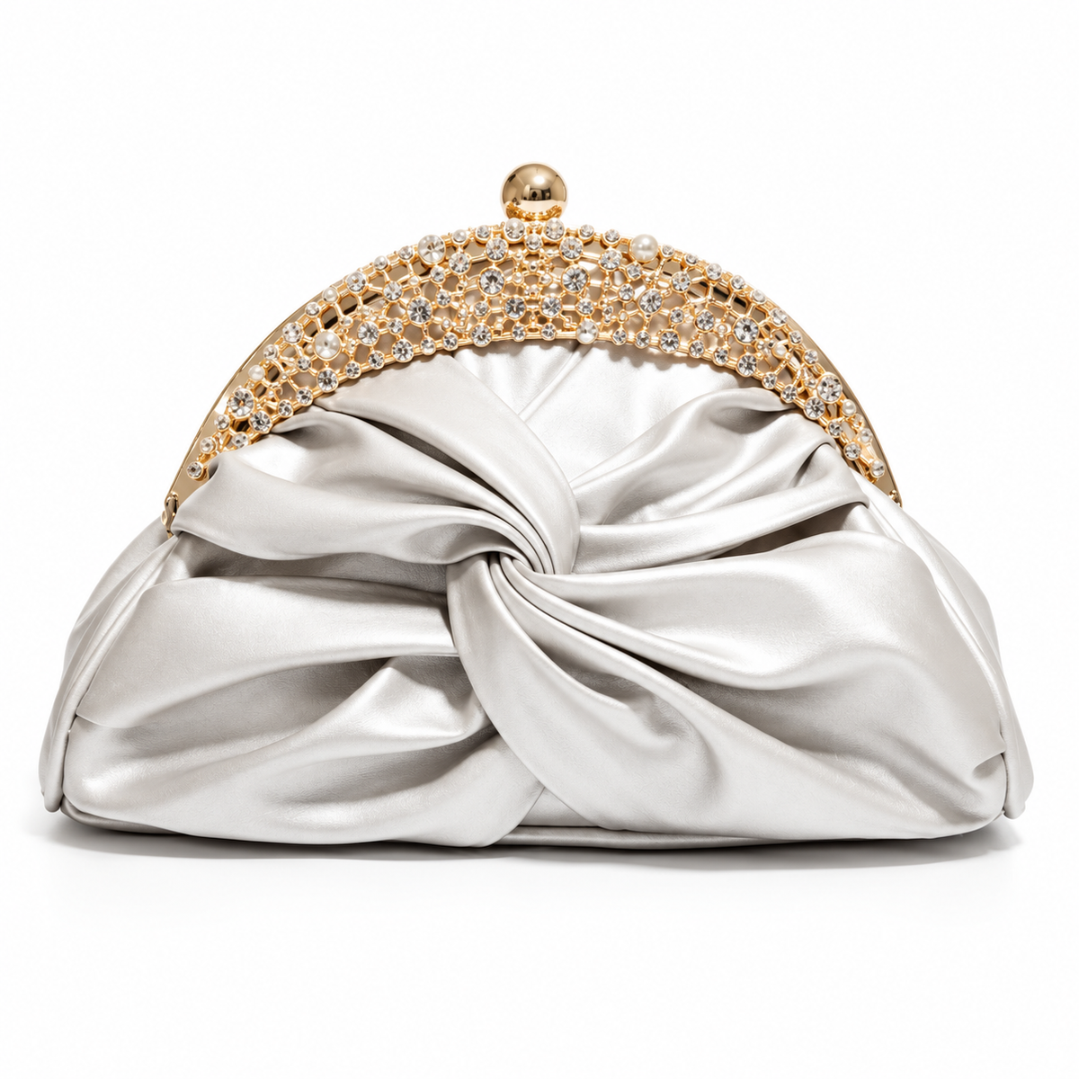 Silver Satin Knot Embellished Evening Clutch-4
