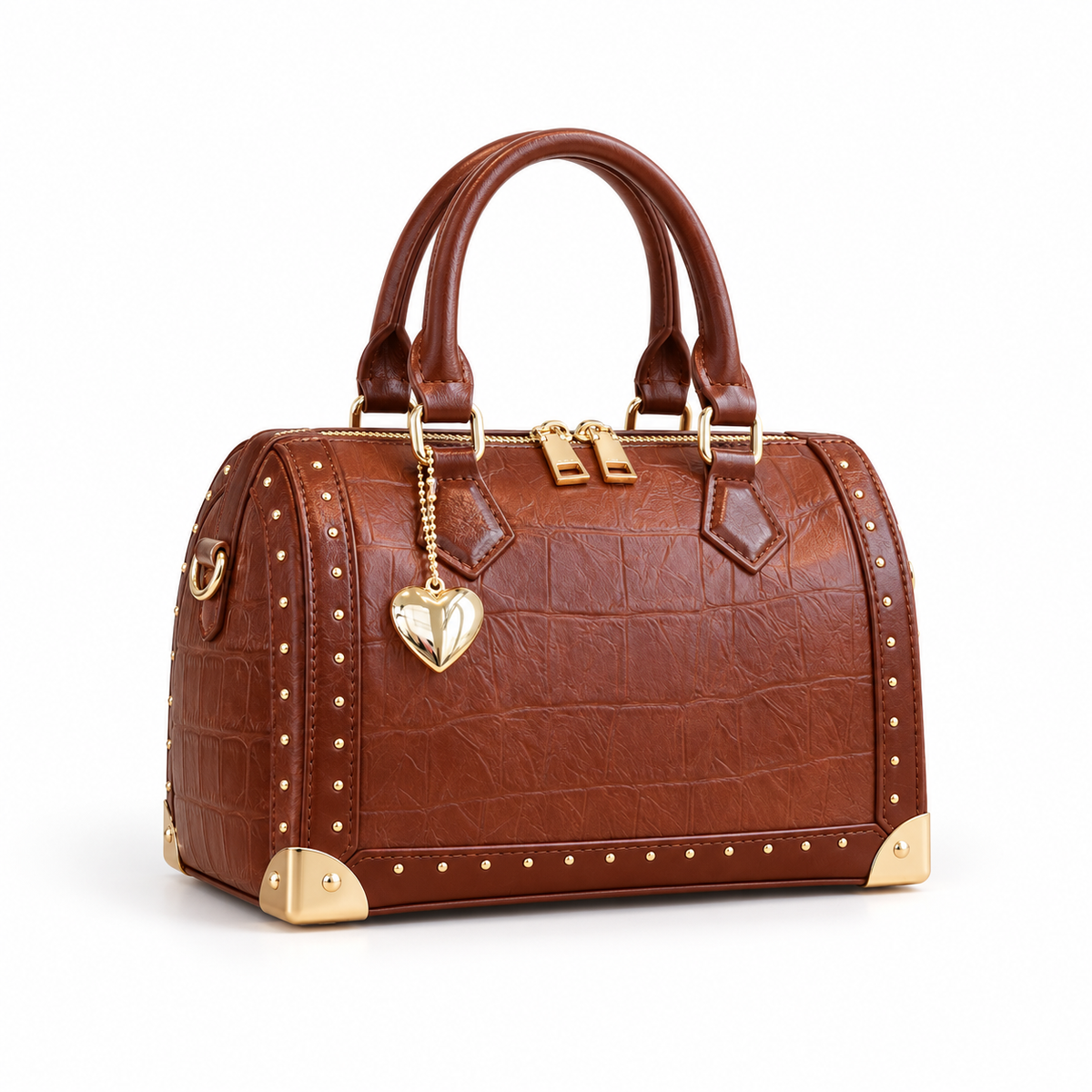 Cognac Brown Crocodile Embossed Leather Satchel-1