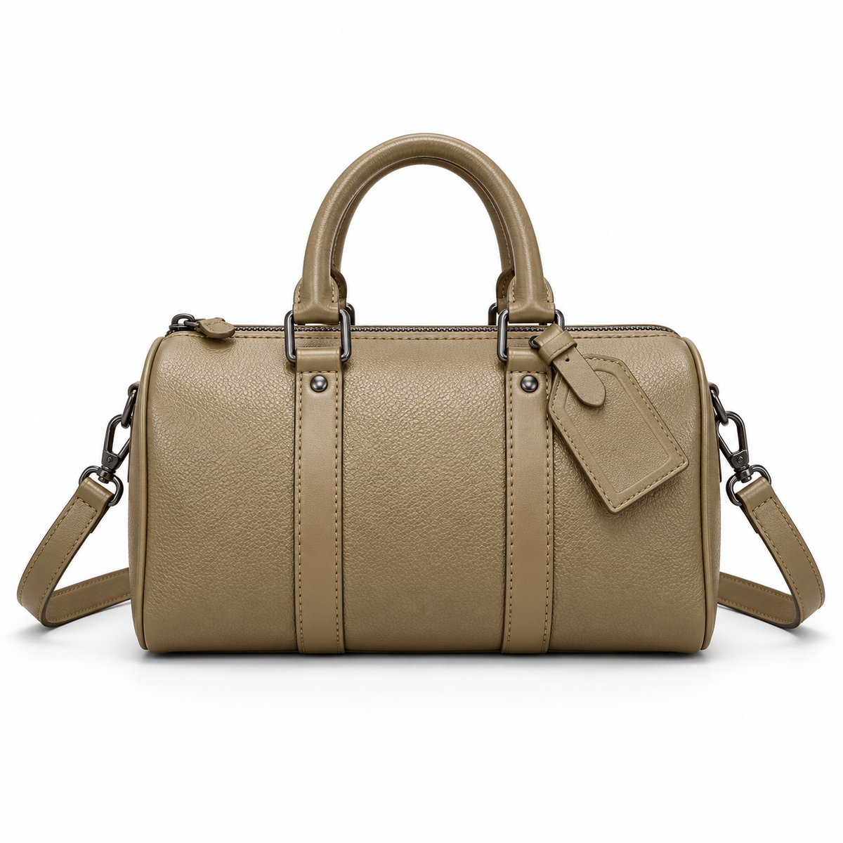 Khaki Textured Boston Bag With Strap-4