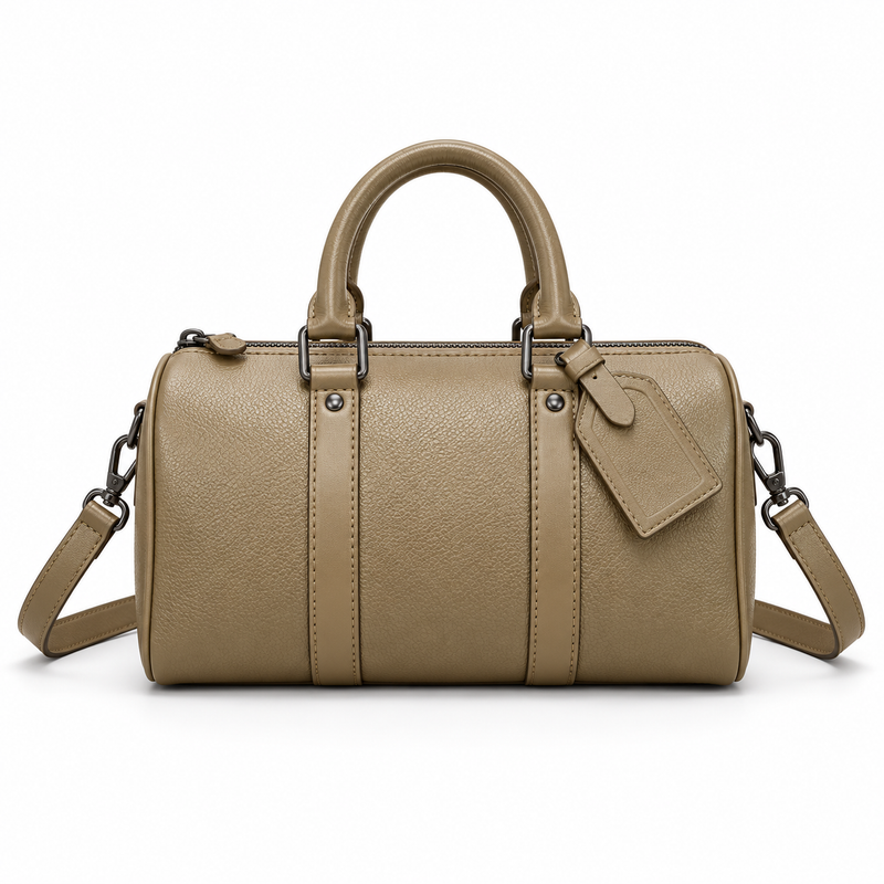 Khaki Textured Boston Bag With Strap-4