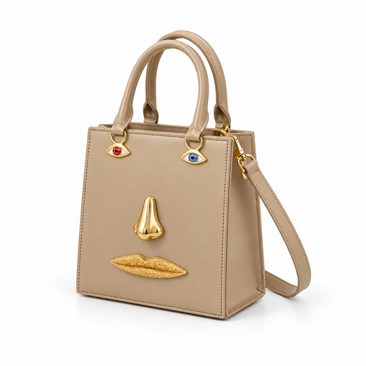 Khaki Sculptural Face Structured Tote Handbag-4